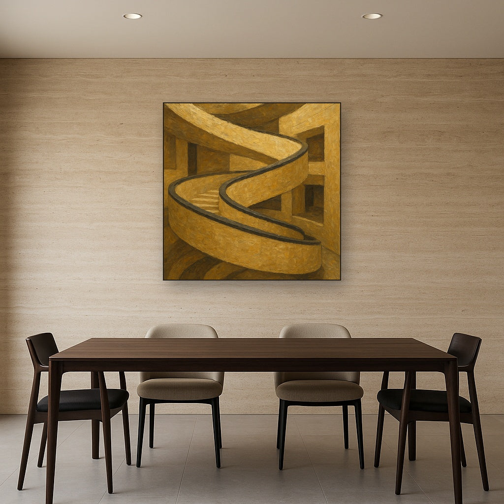 Travertine Spiral Atrium Perspective No. 2 Oil Painting - Styled in Elegant Dining Room