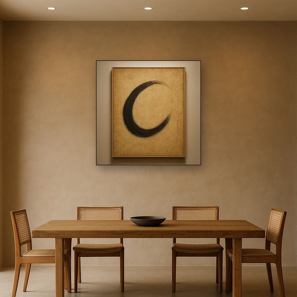 Aged Rice Paper & Charcoal Calligraphic Balance No. 15 Oil Painting Staged Above Dining Room Credenza, Elegant Hand Painted Oil Art for Dining Room Walls