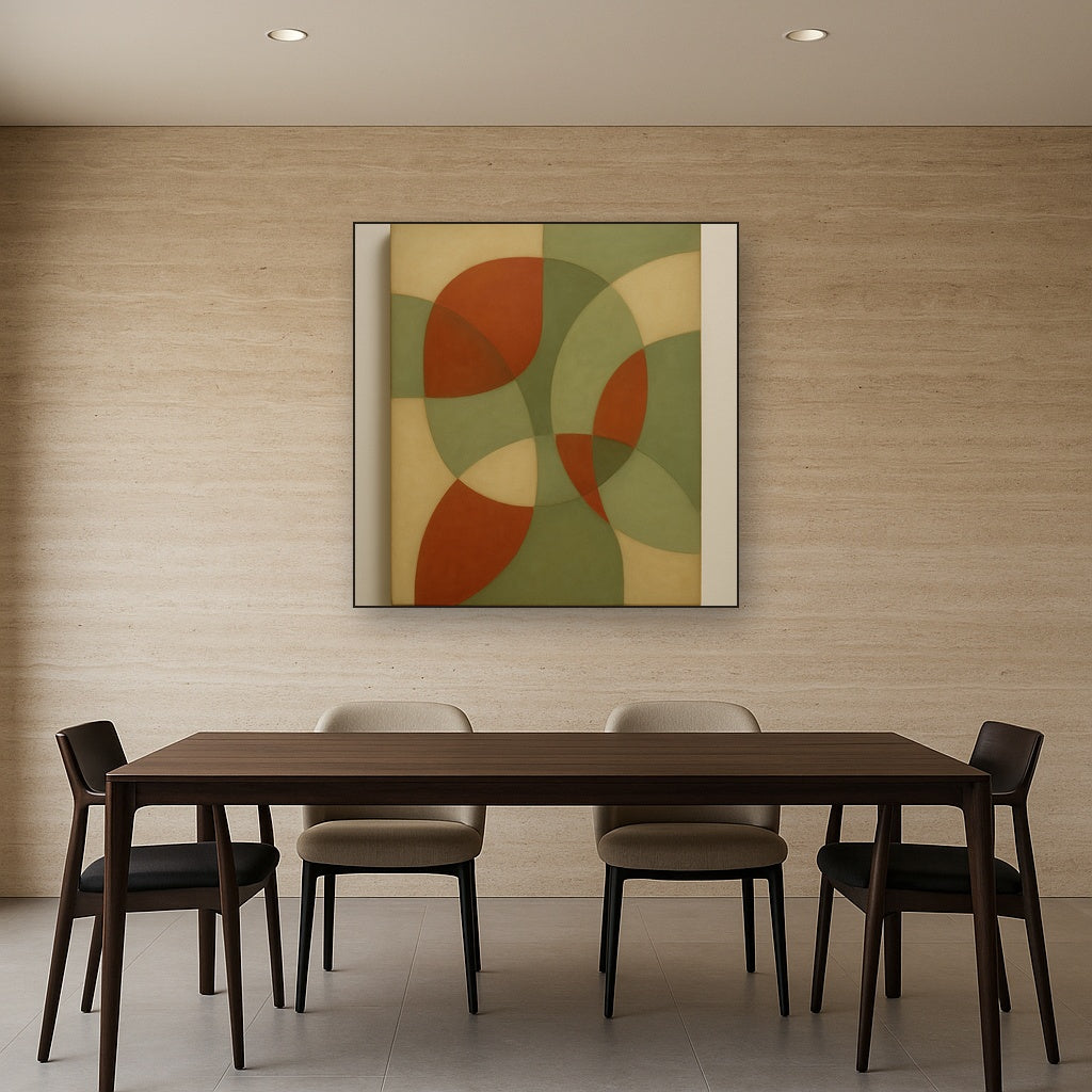 Intersecting Curved Forms in Olive & Rust No. 10 Oil Painting Staged Above Dining Room Credenza, Elegant Hand Painted Oil Art for Dining Room Walls