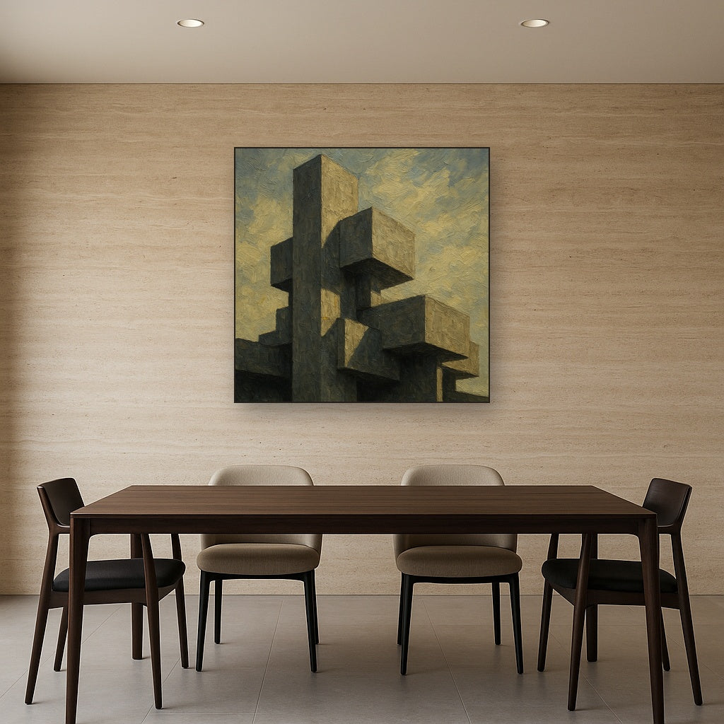 Brutalist Concrete Monolith & Sky No. 6 Oil Painting - Styled in Elegant Dining Room