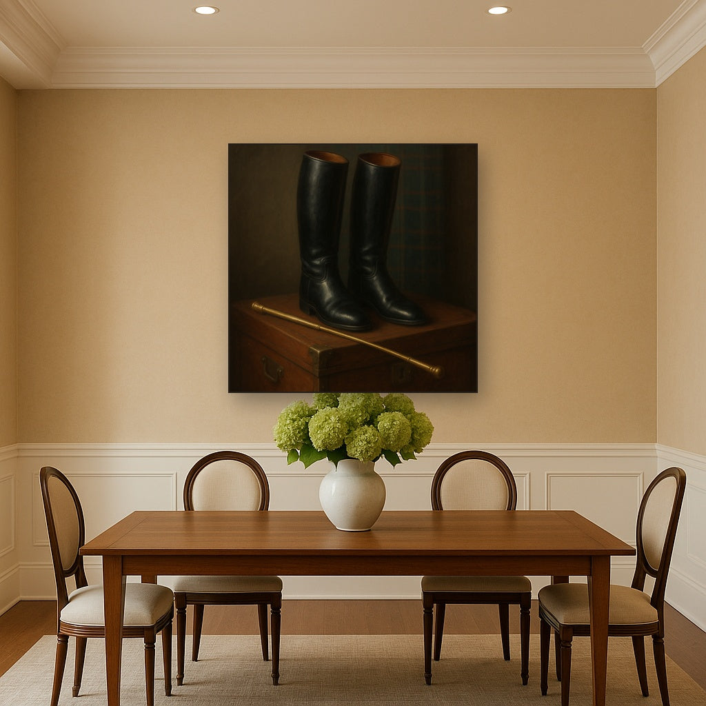 Vintage Riding Boots & Brass Crop on Trunk No. 2 Oil Painting Staged Above Dining Room Credenza, Elegant Hand Painted Oil Art for Dining Room Walls