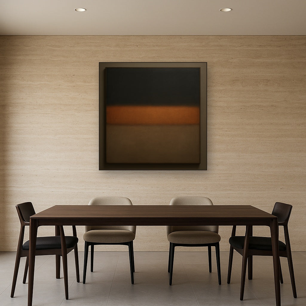 Charcoal Slate & Burnished Copper Horizon No. 22 Oil Painting Staged Above Dining Room Credenza, Elegant Hand Painted Oil Art for Dining Room Walls