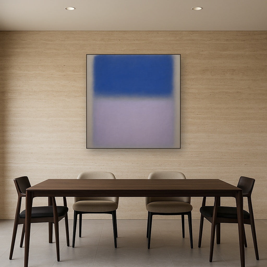 Cobalt Azure & Twilight Lavender Immersion No. 22 Oil Painting Staged Above Dining Room Credenza, Elegant Hand Painted Oil Art for Dining Room Walls