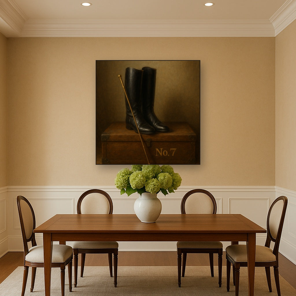 Vintage Riding Boots & Brass Crop on Trunk No. 7 Oil Painting - View 4
