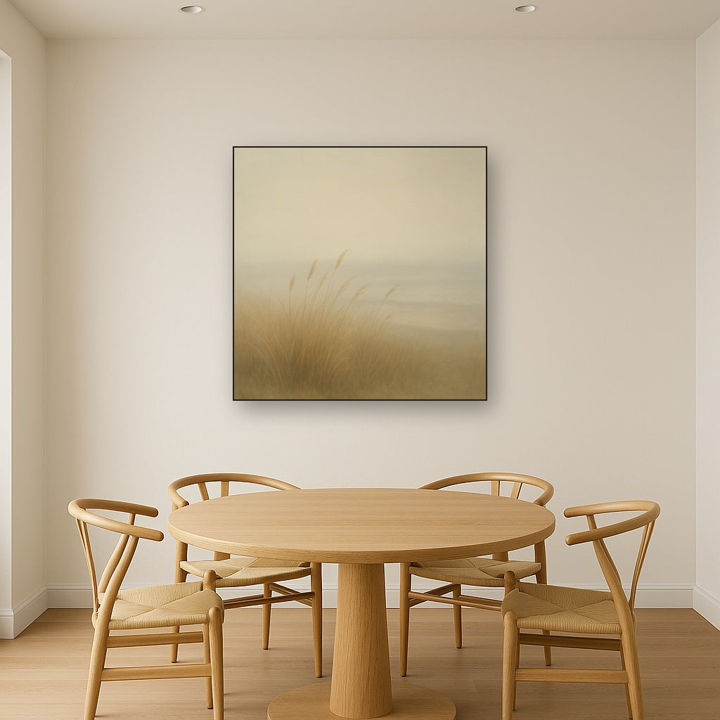 Silent Dune Grass in November Sea Fog No. 11 Oil Painting Staged Above Dining Room Credenza, Elegant Hand Painted Oil Art for Dining Room Walls