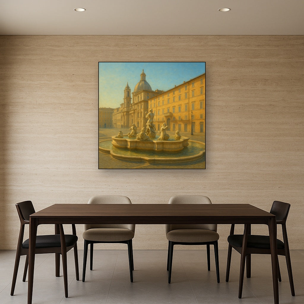 Rome Piazza Fountain in Morning Sunlight No. 29 Oil Painting Staged Above Dining Room Credenza, Elegant Hand Painted Oil Art for Dining Room Walls