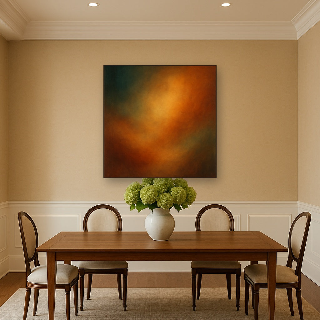 Deep Topaz & Spiced Terracotta Glow No. 16 Oil Painting Staged Above Dining Room Credenza, Elegant Hand Painted Oil Art for Dining Room Walls