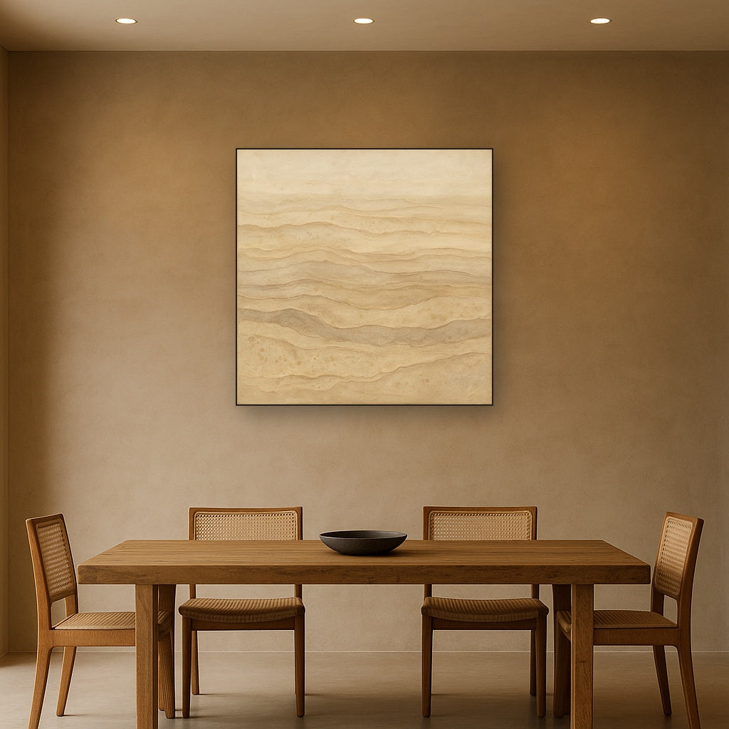 Weathered Mineral Sediments in Warm Ecru No. 9 Oil Painting Staged Above Dining Room Credenza, Elegant Hand Painted Oil Art for Dining Room Walls