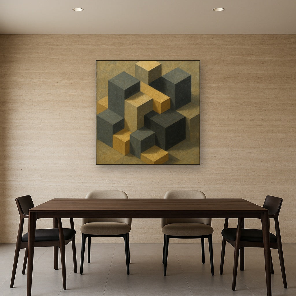 Isometric Modernist Cube Abstraction No. 4 Oil Painting - Styled in Elegant Dining Room