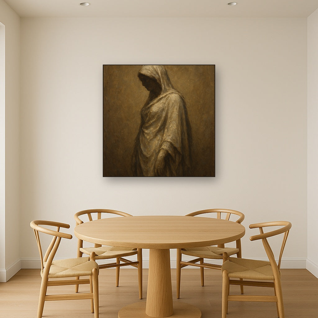 Renaissance Draped Silhouette Oil Painting Staged Above Dining Room Credenza, Elegant Hand Painted Oil Art for Dining Room Walls