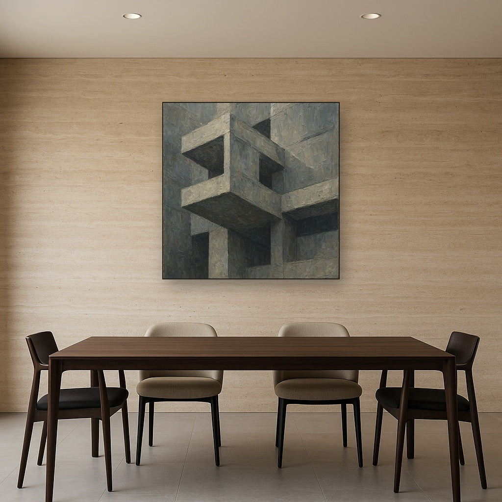 Brutalist Cantilevered Balcony Study Oil Painting - Styled in Elegant Dining Room