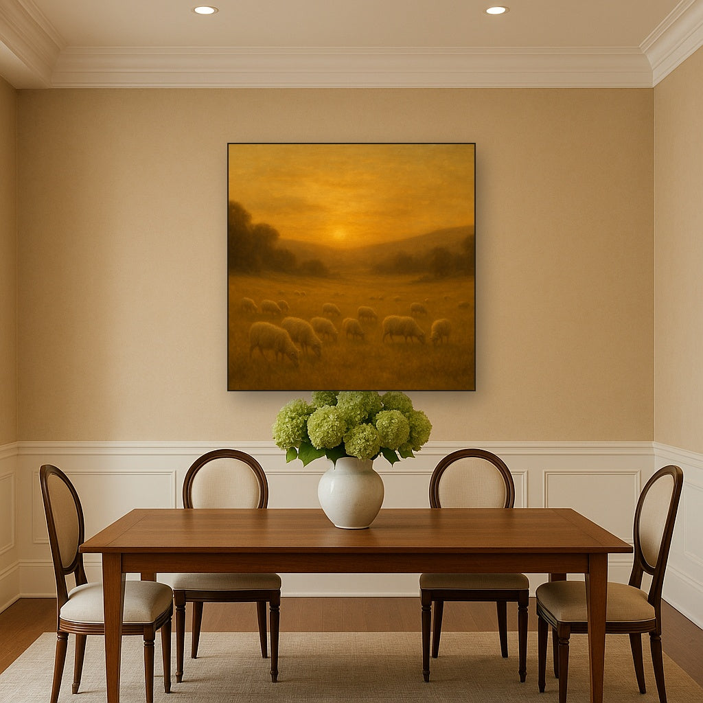 Sunset Grazing Flock in Golden Valley No. 8 Oil Painting Staged Above Dining Room Credenza, Elegant Hand Painted Oil Art for Dining Room Walls