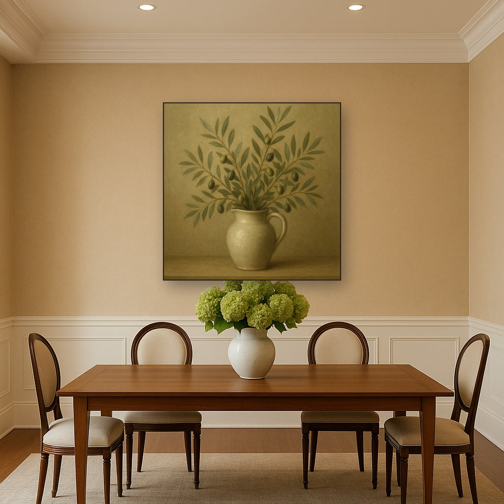 Wild Olive Sprigs in Stoneware Pitcher No. 10 Oil Painting Staged Above Dining Room Credenza, Elegant Hand Painted Oil Art for Dining Room Walls