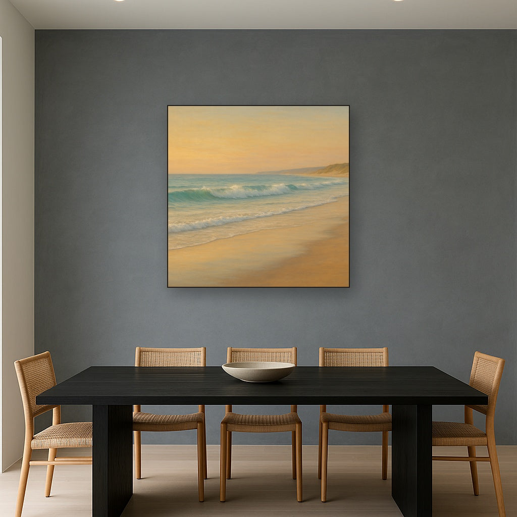 Gentle Breaking Waves & Wet Beach Reflection No. 7 Oil Painting Staged Above Dining Room Credenza, Elegant Hand Painted Oil Art for Dining Room Walls