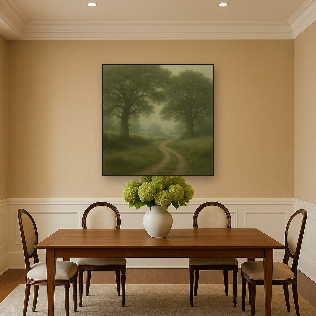 Misty English Countryside Lane No. 10 Oil Painting Staged Above Dining Room Credenza, Elegant Hand Painted Oil Art for Dining Room Walls