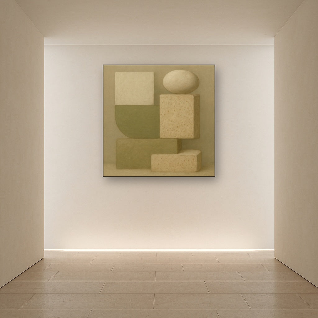 Muted Olive & Sandstone Geometric Balance No. 2 Oil Painting Staged in Bright Entryway and Hallway Gallery Wall, Hand Painted Fine Art on Linen