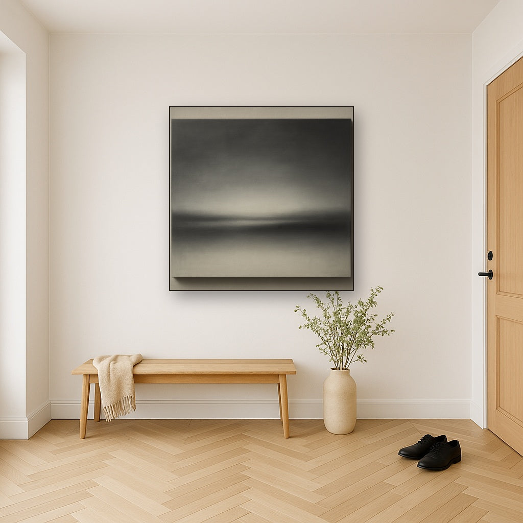 Monochrome Charcoal Drift & Soft Sfumato Horizon No. 6 Oil Painting Staged in Bright Entryway and Hallway Gallery Wall, Hand Painted Fine Art on Linen