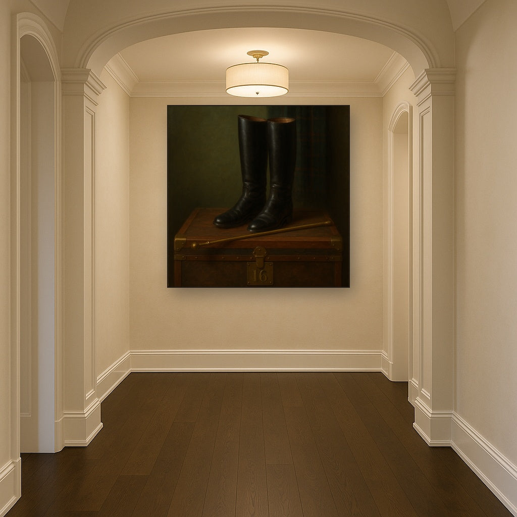 Vintage Riding Boots & Brass Crop on Trunk No. 16 Oil Painting - View 5