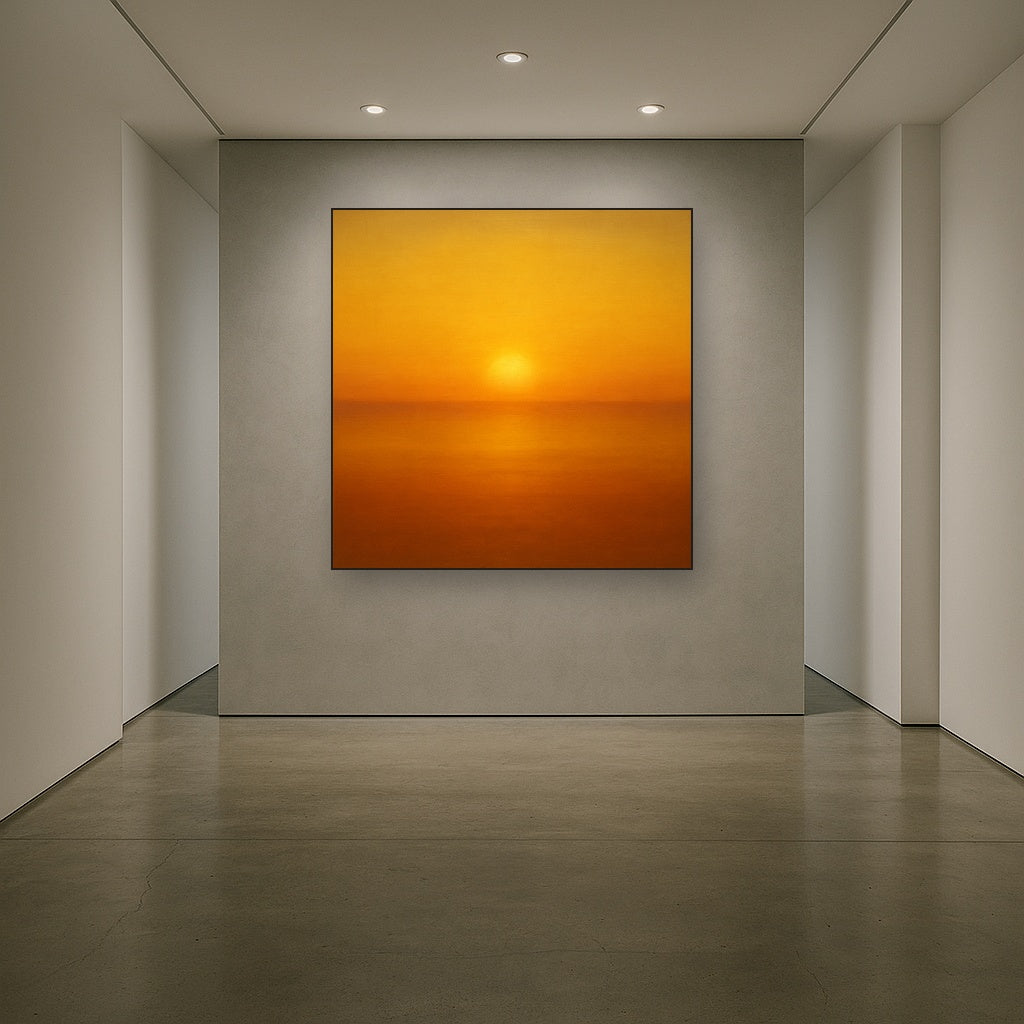 Warm Amber & Raw Sienna Sunset Meditation No. 5 Oil Painting Staged in Bright Entryway and Hallway Gallery Wall, Hand Painted Fine Art on Linen