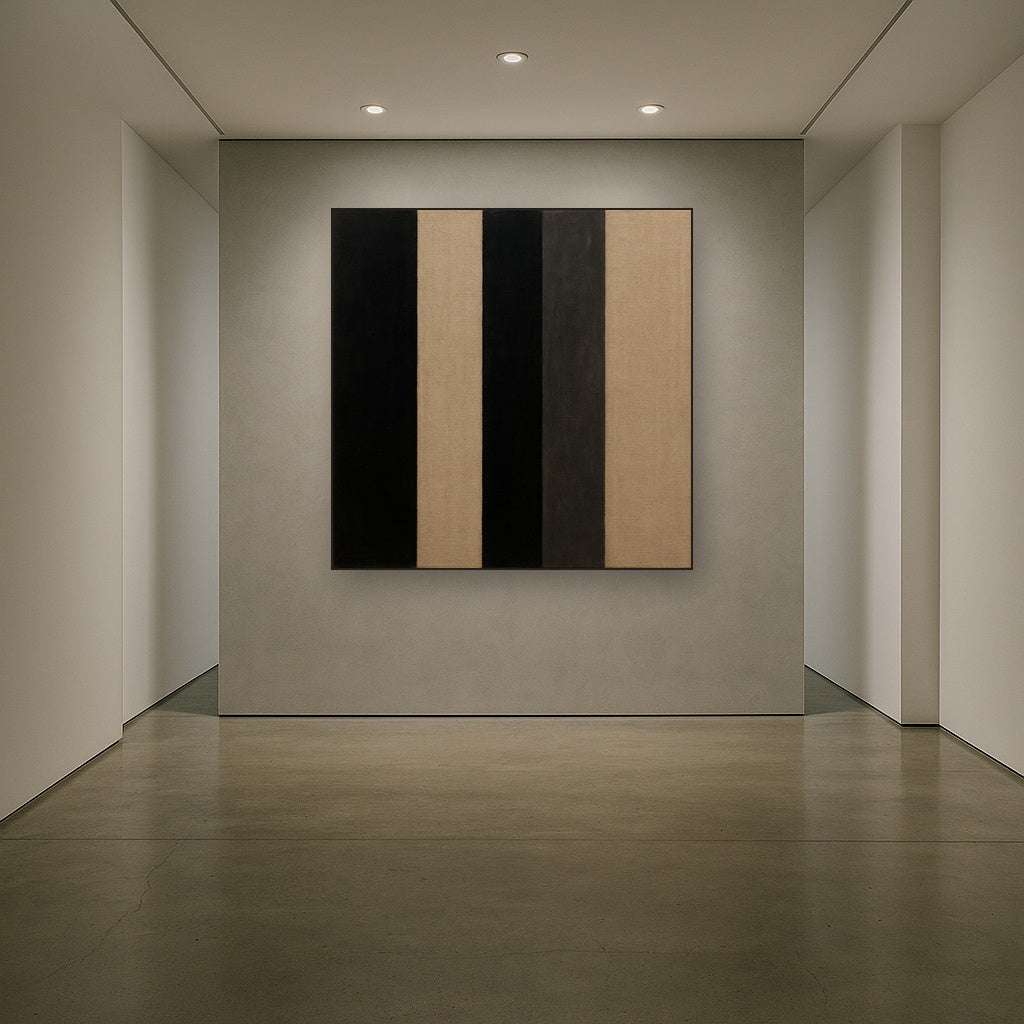 Minimalist Black Stripe & Raw Linen Rhythm No. 15 Fine Art Oil Painting - View 5