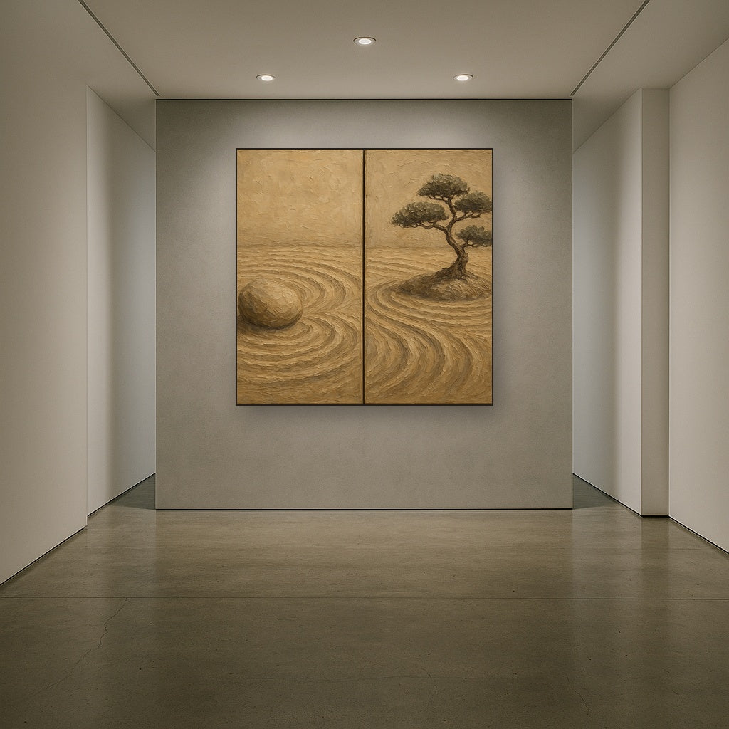 Japandi Zen Garden Diptych Oil Painting - Styled in Entryway Hallway
