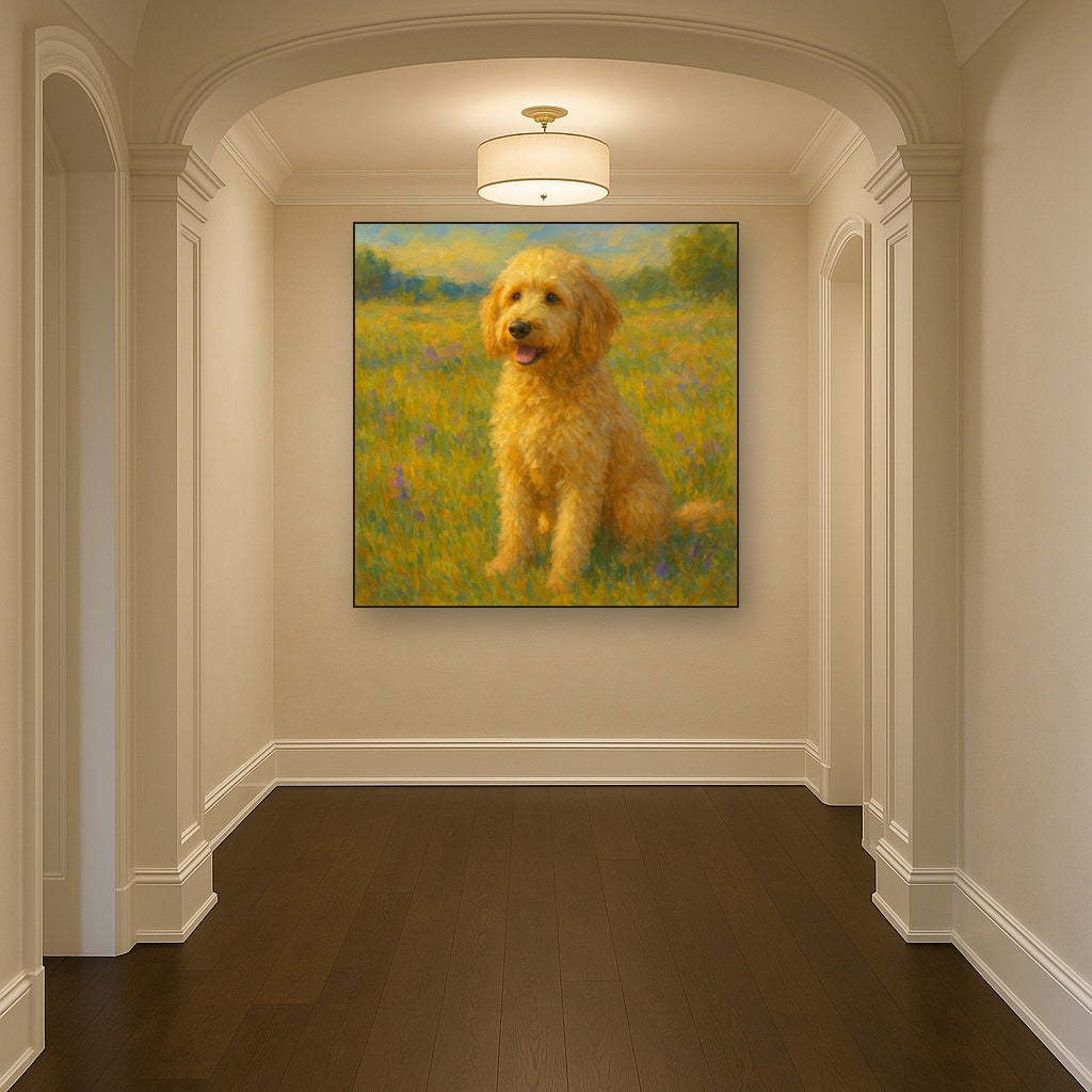 Fluffy Goldendoodle in Sun-Drenched Meadow No. 2 Fine Art Oil Painting - View 5