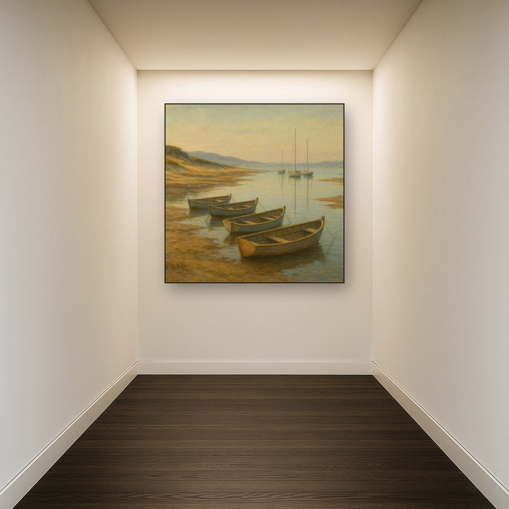Quiet Fishing Harbor at Morning Low Tide Oil Painting - View 5