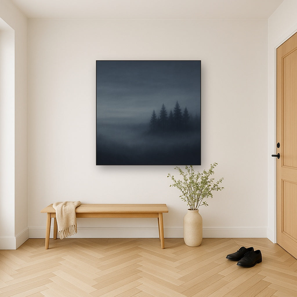 Dusk over Silent Pine Ridgeline in Charcoal Fog No. 24 Oil Painting Staged in Bright Entryway and Hallway Gallery Wall, Hand Painted Fine Art on Linen