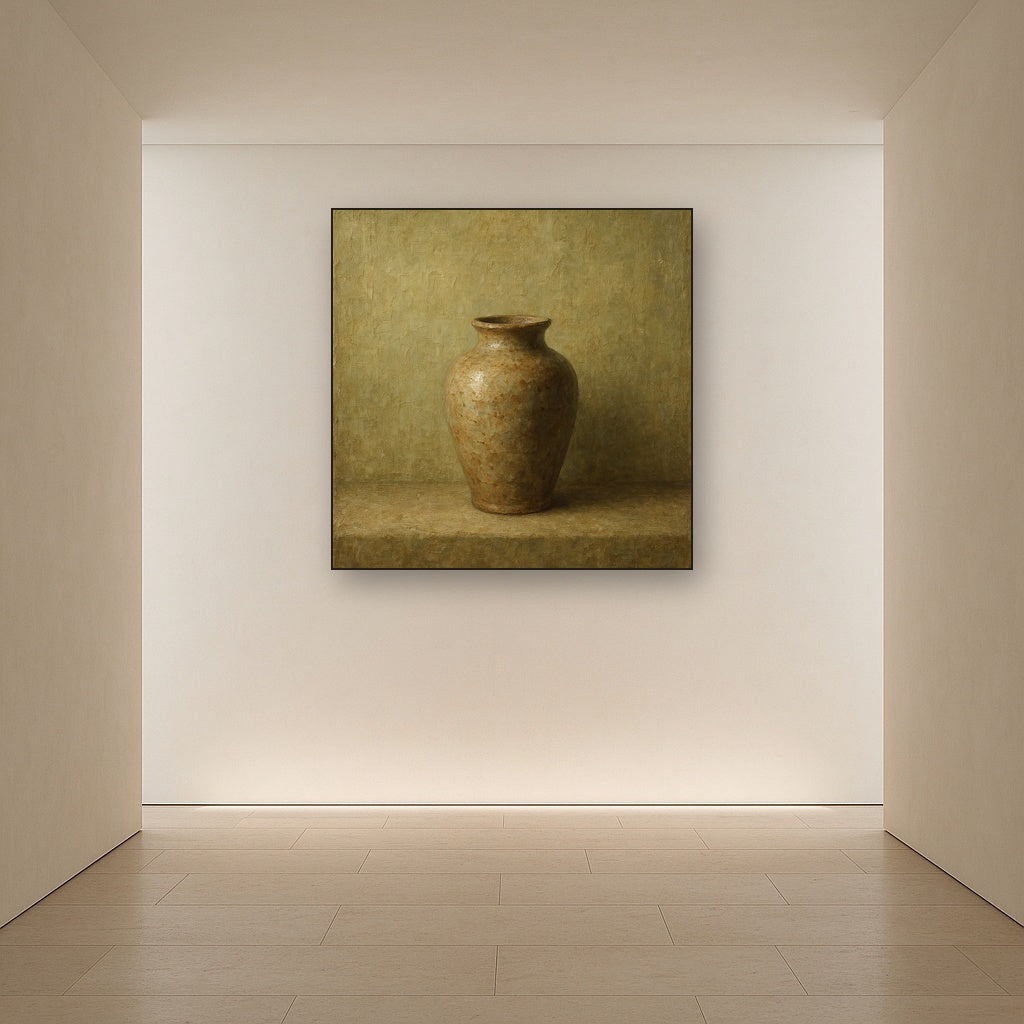 Earthen Ceramic Vessel Minimalist Oil Painting - Styled in Entryway Hallway