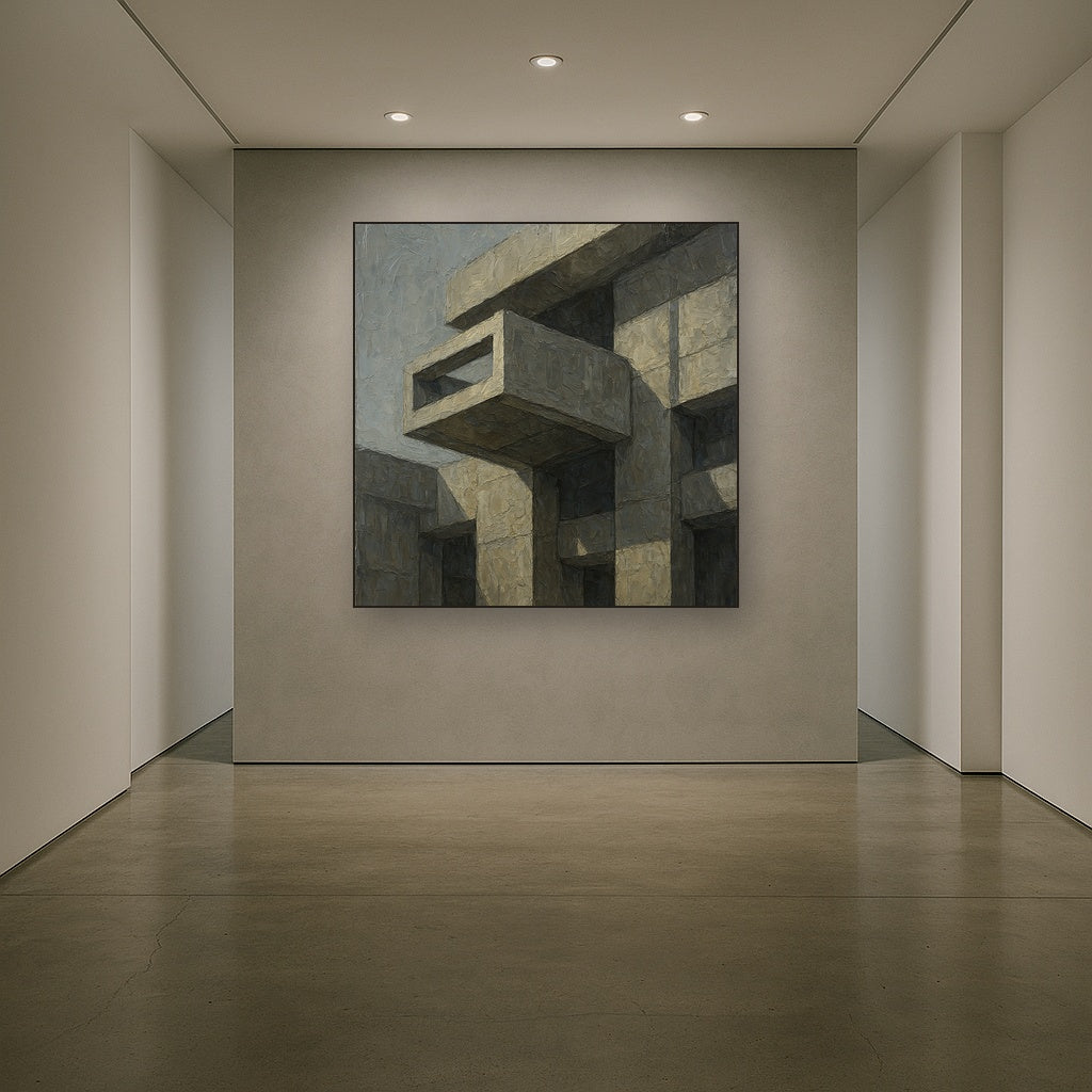 Brutalist Cantilevered Balcony Study No. 5 Oil Painting - Styled in Entryway Hallway
