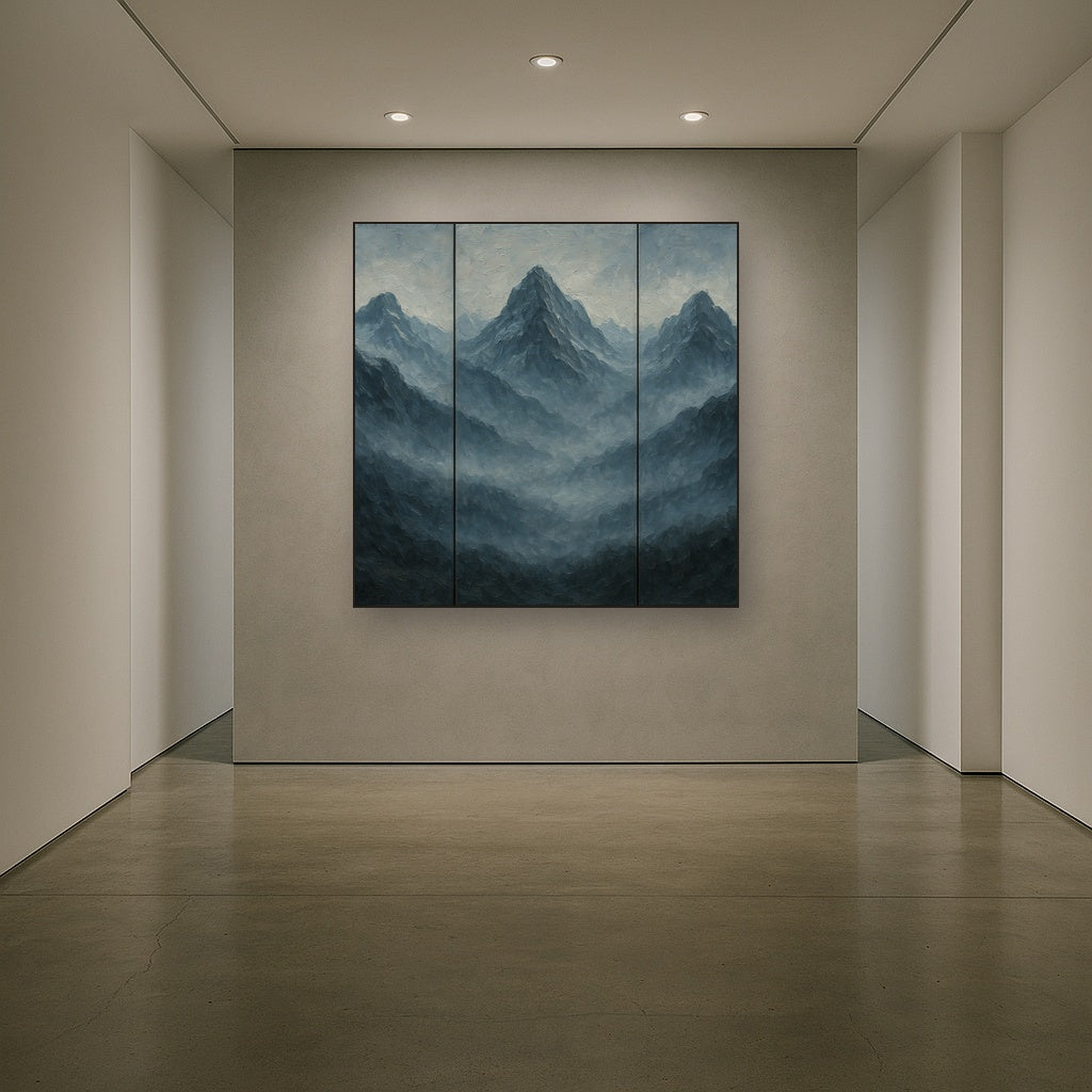 Alpine Mist Triptych Masterpiece Oil Painting - Styled in Entryway Hallway