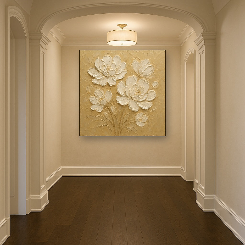 Sculptural White Flora Textured Impasto Oil Painting - Styled in Entryway Hallway