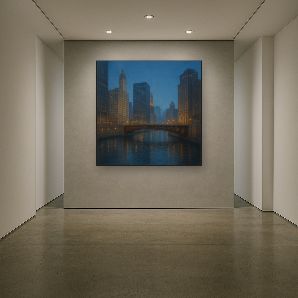 Chicago Riverfront Architecture at Blue Hour No. 6 Oil Painting - View 5
