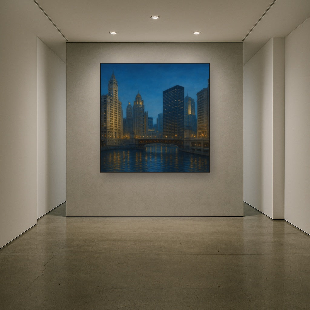 Chicago Riverfront Architecture at Blue Hour No. 2 Oil Painting - View 5