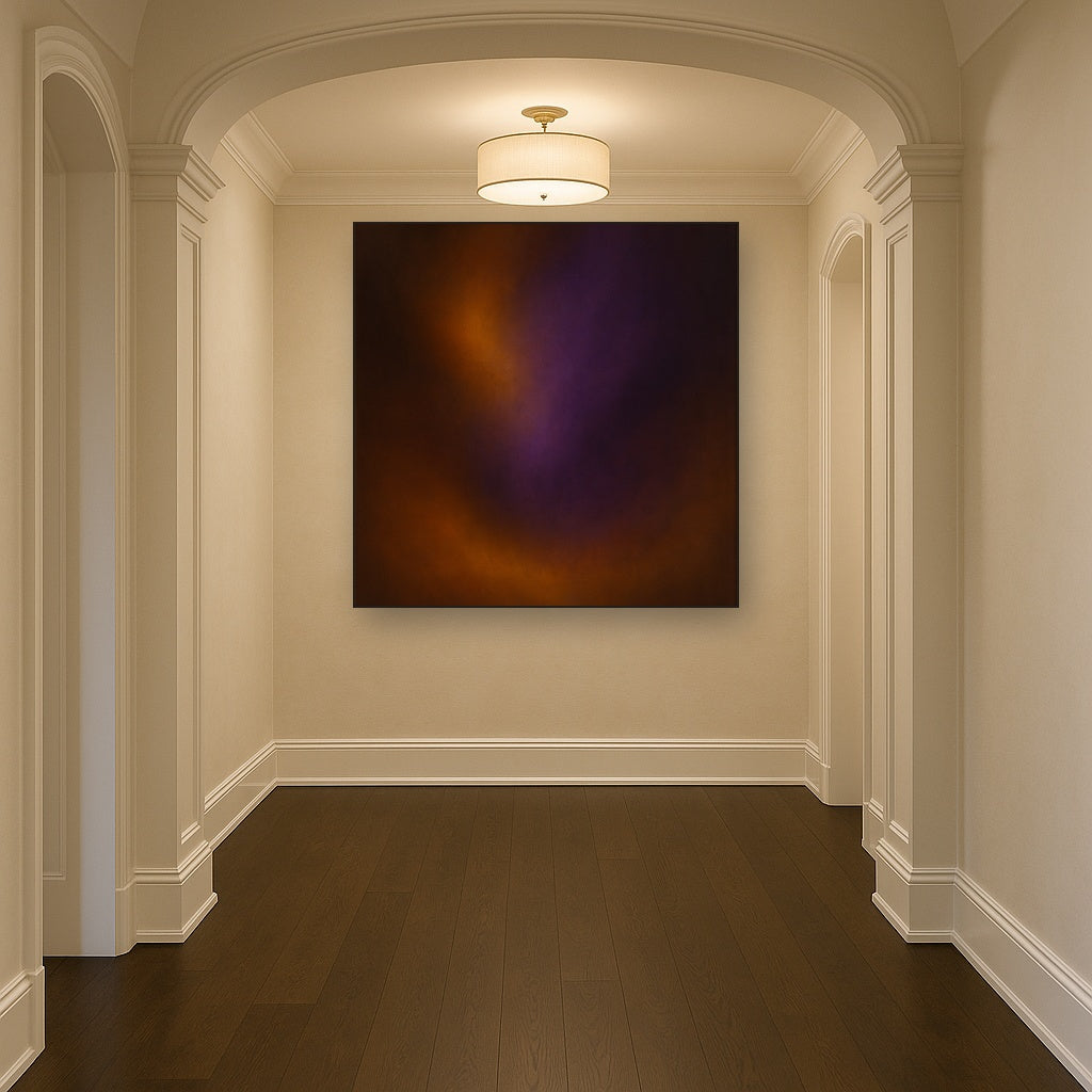 Burnt Amber & Velvet Amethyst Atmosphere No. 8 Oil Painting Staged in Bright Entryway and Hallway Gallery Wall, Hand Painted Fine Art on Linen