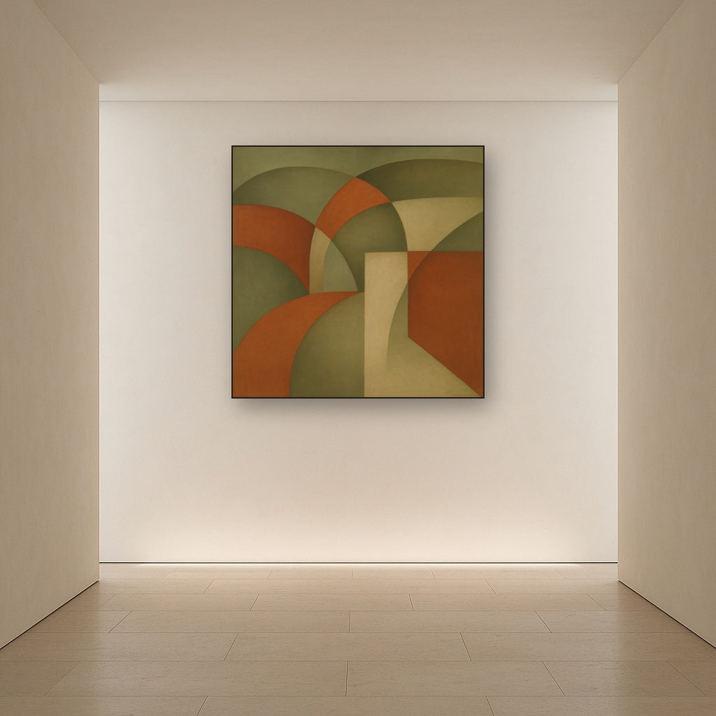 Intersecting Curved Forms in Olive & Rust No. 23 Oil Painting Staged in Bright Entryway and Hallway Gallery Wall, Hand Painted Fine Art on Linen