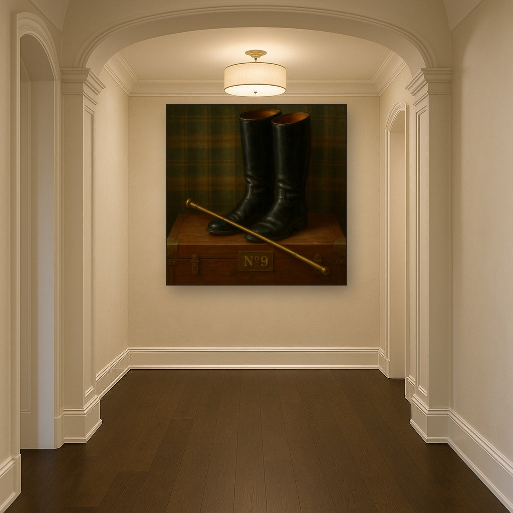 Vintage Riding Boots & Brass Crop on Trunk No. 9 Oil Painting Staged in Bright Entryway and Hallway Gallery Wall, Hand Painted Fine Art on Linen