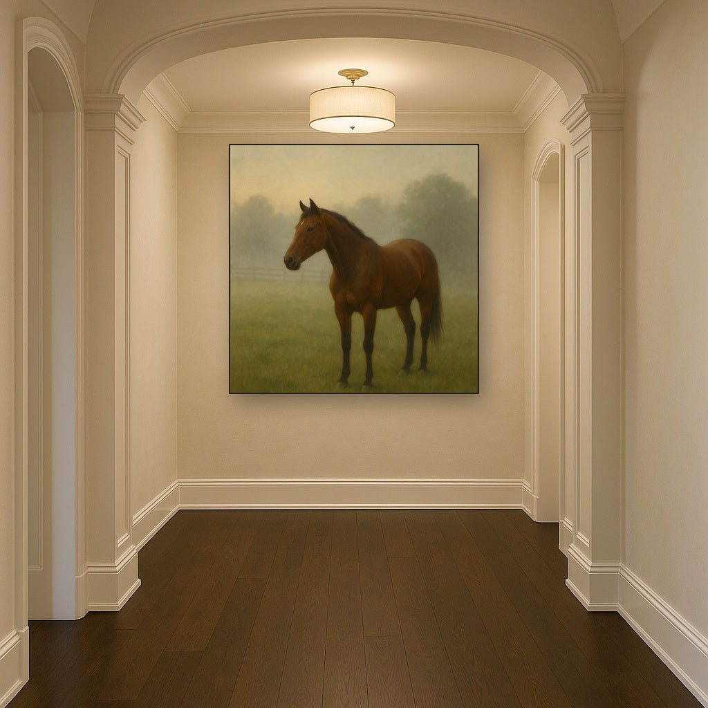 Thoroughbred in Morning Pasture Mist No. 9 Oil Painting - View 5