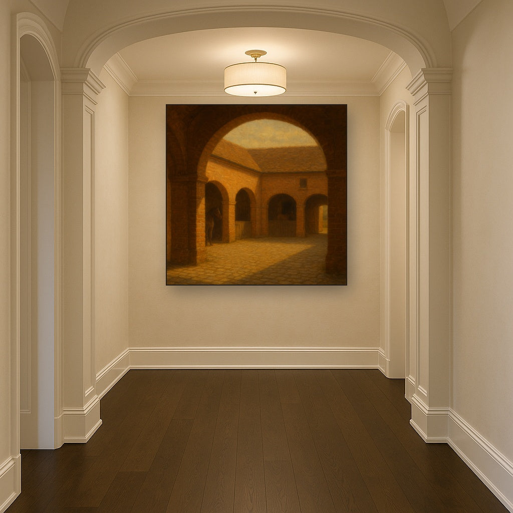 Equestrian Stable Courtyard in Late Afternoon No. 13 Oil Painting Staged in Bright Entryway and Hallway Gallery Wall, Hand Painted Fine Art on Linen