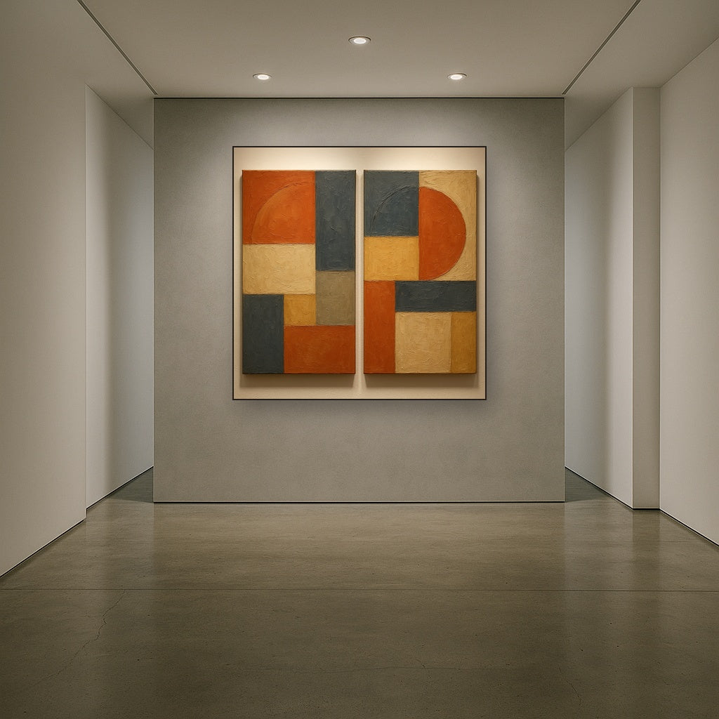 Mid-Century Geometric Duet Oil Painting - Styled in Entryway Hallway