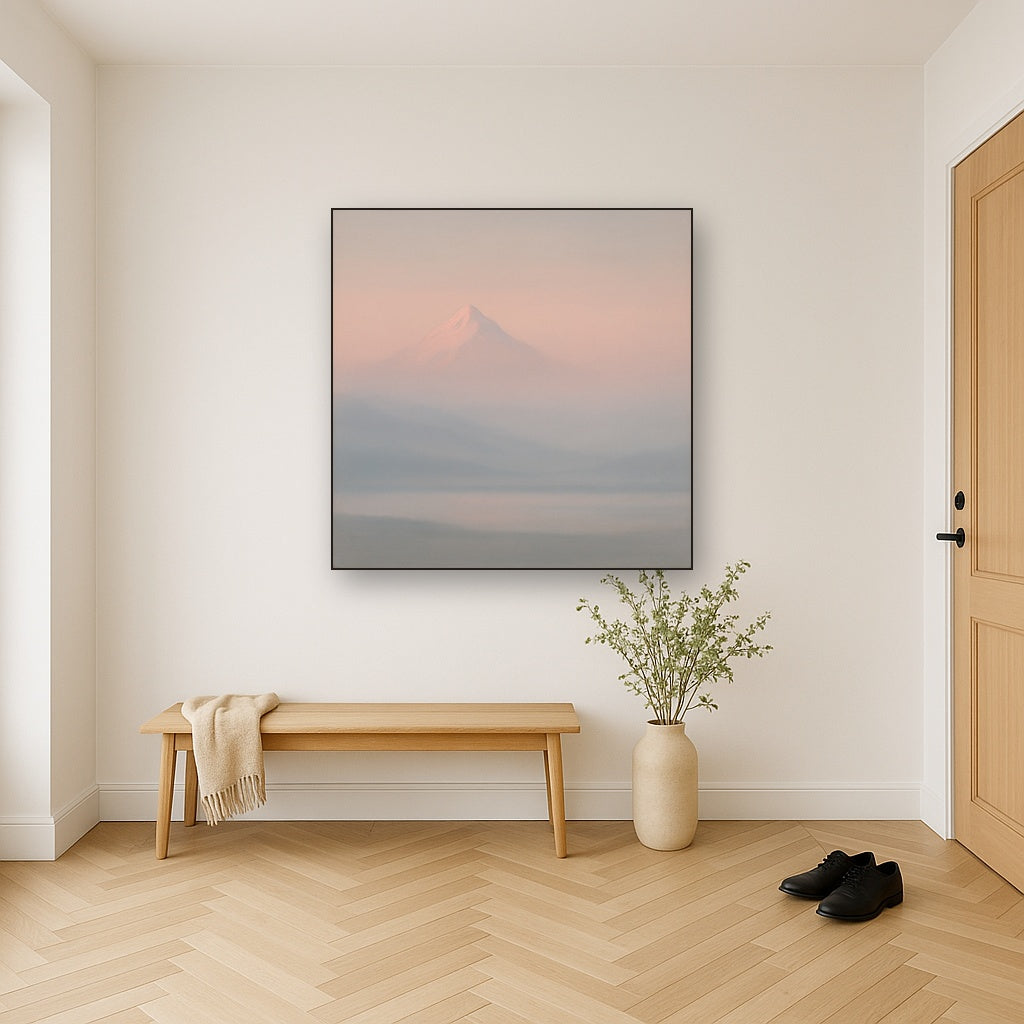 Pale Alpenglow over Distant Glacial Peak No. 4 Oil Painting Staged in Bright Entryway and Hallway Gallery Wall, Hand Painted Fine Art on Linen