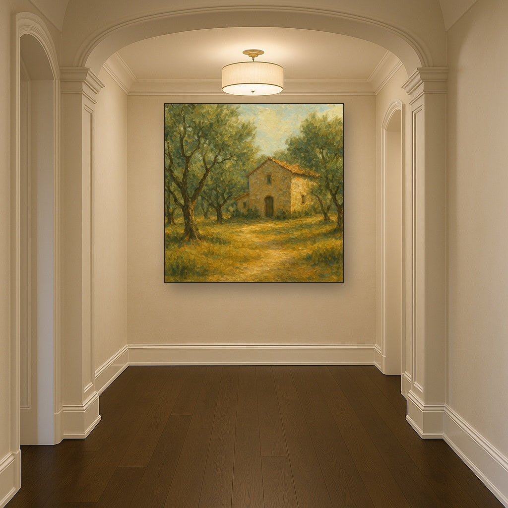 Vintage Olive Grove & Stone Farmhouse No. 4 Oil Painting - Styled in Entryway Hallway