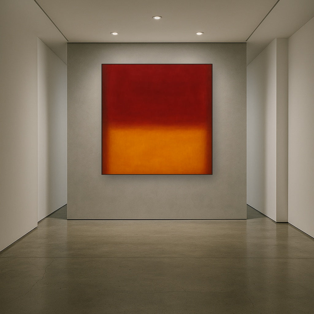 Crimson Burgundy & Saffron Gold Color Vibrations No. 29 Oil Painting Staged in Bright Entryway and Hallway Gallery Wall, Hand Painted Fine Art on Linen