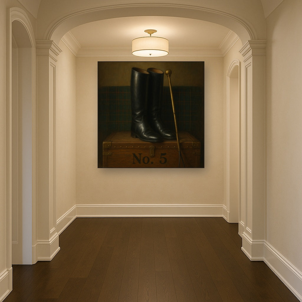Vintage Riding Boots & Brass Crop on Trunk No. 5 Oil Painting Staged in Bright Entryway and Hallway Gallery Wall, Hand Painted Fine Art on Linen