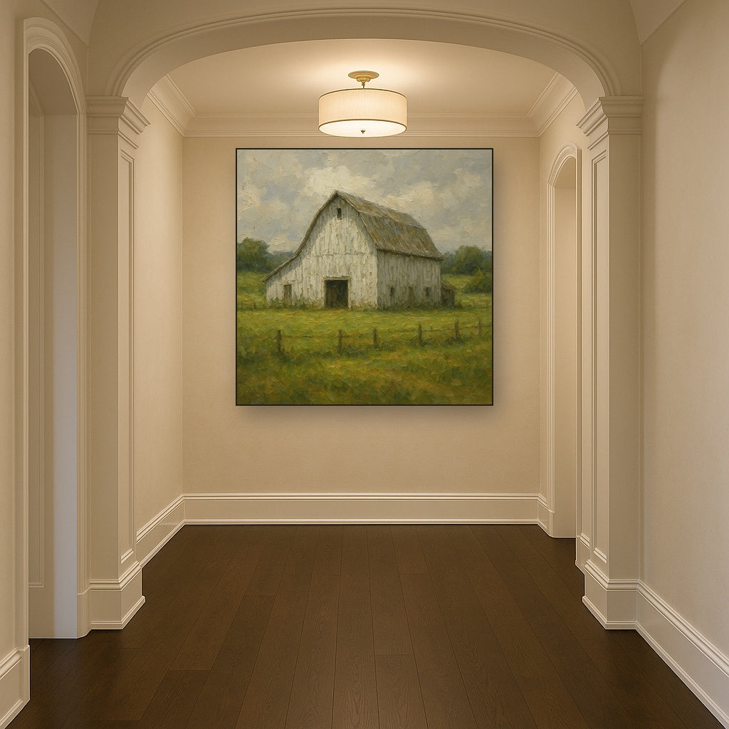 Weathered White Barn & Pasture No. 4 Oil Painting - Styled in Entryway Hallway