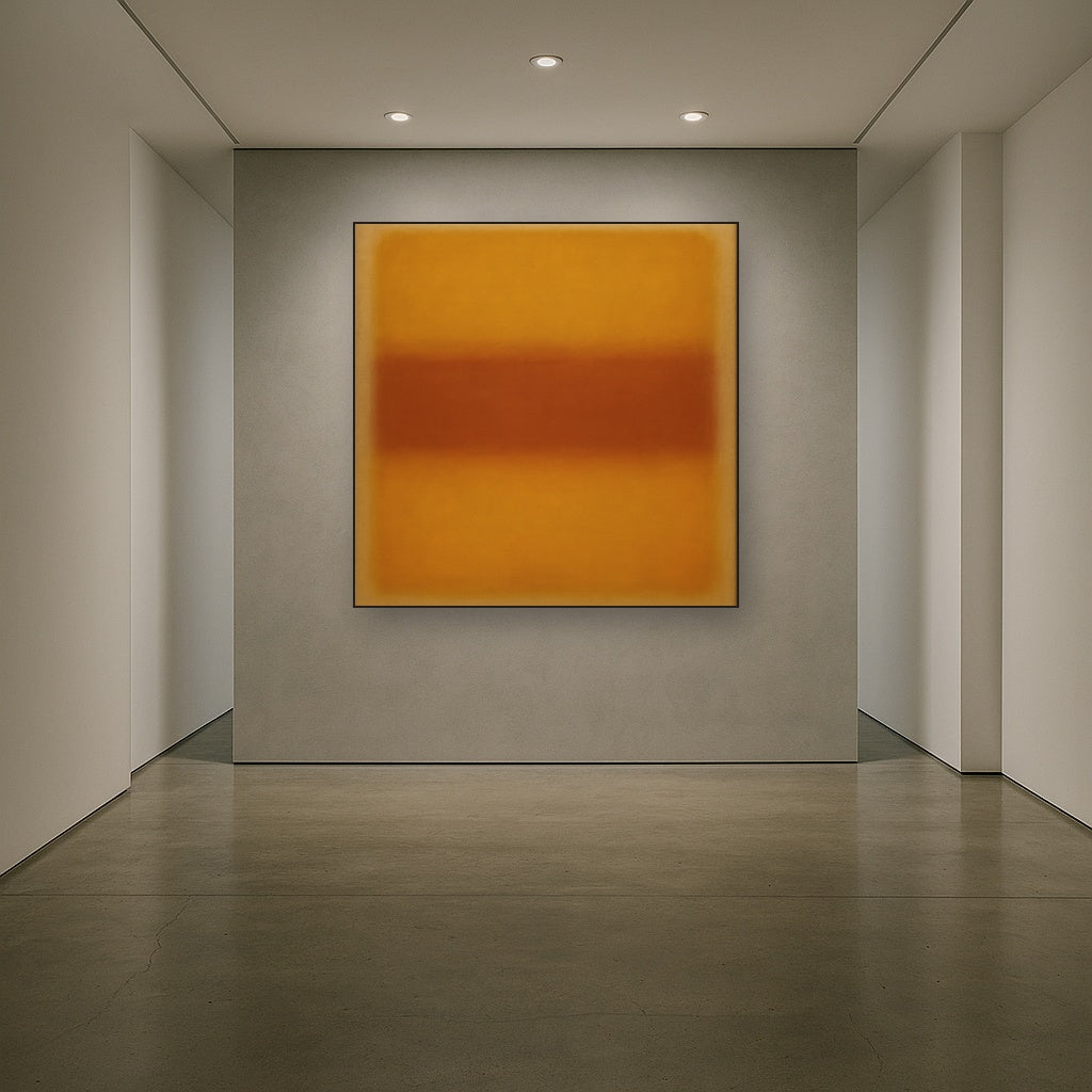 Luminous Ochre & Terracotta Horizon Color Field No. 18 Oil Painting Staged in Bright Entryway and Hallway Gallery Wall, Hand Painted Fine Art on Linen