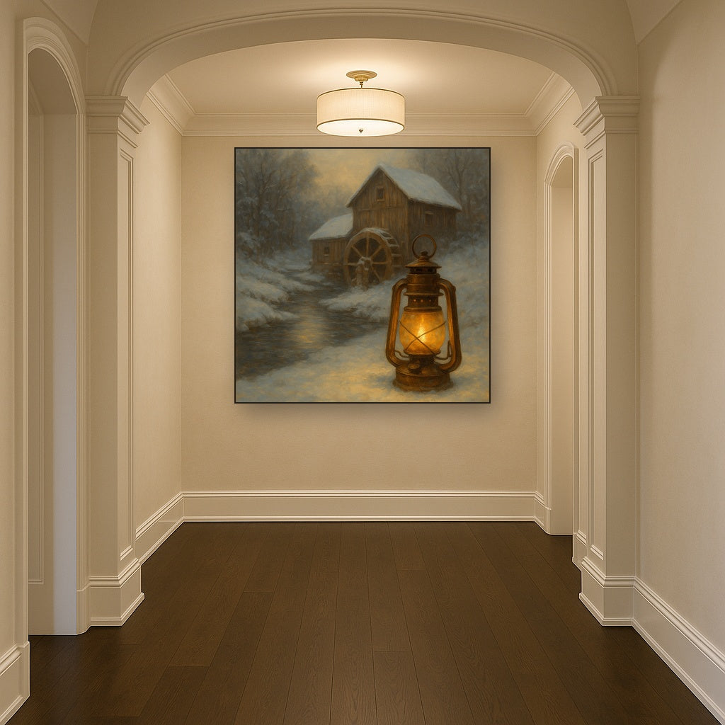 Snowy Mill Stream & Glowing Lantern No. 2 Oil Painting - View 5
