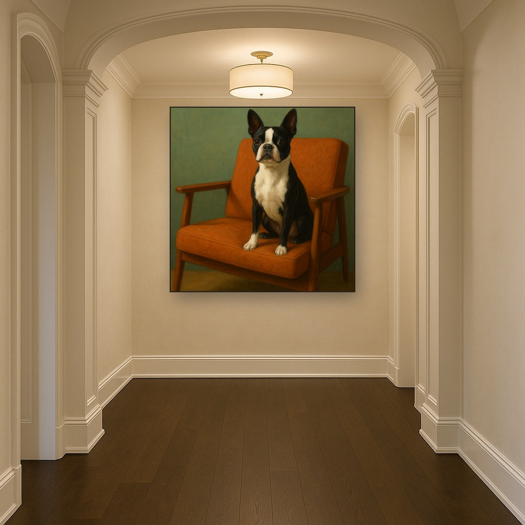 Boston Terrier in Warm Mid-Century Armchair No. 12 Fine Art Oil Painting - View 5