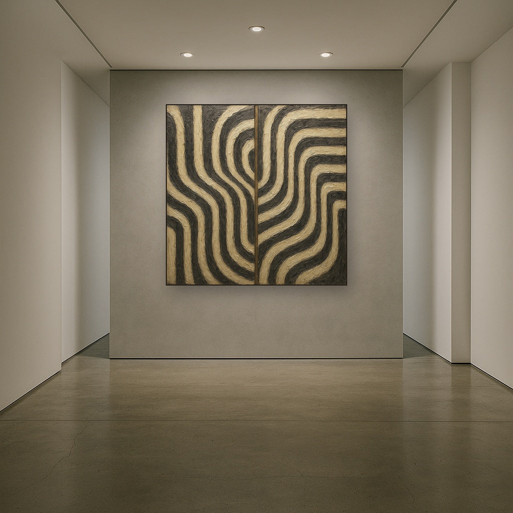 Monochrome Linear Rhythm Diptych No. 2 Oil Painting - Styled in Entryway Hallway