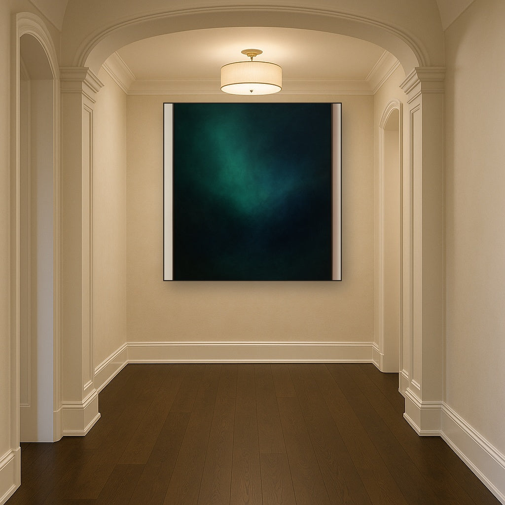 Emerald & Midnight Sapphire Sfumato Immersion No. 17 Oil Painting Staged in Bright Entryway and Hallway Gallery Wall, Hand Painted Fine Art on Linen